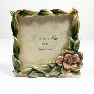 COLLETTE ET CIE Mini Picture Frame Square Green Enamel 3x3 Pink Flower